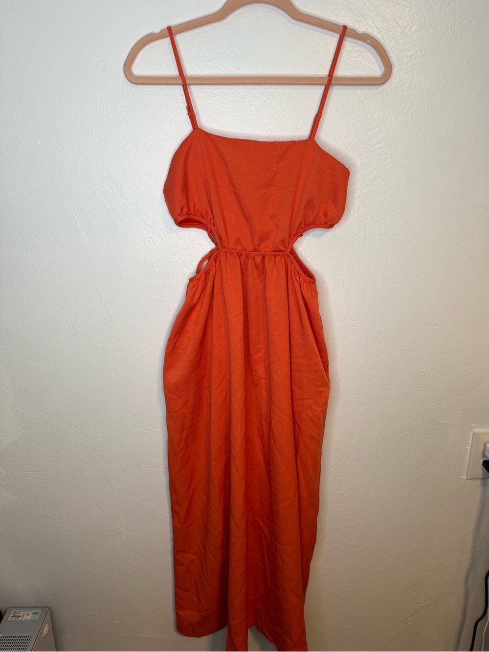 Line & Dot Coral Orange Cutout Midi Dress XS Pockets Adjustable Straps - Picture 2 of 13